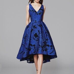NWOT Frascara blue black evening dress prom gown midi high low mesh floral